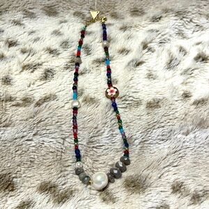 Multicolored beaded choker with large pearl